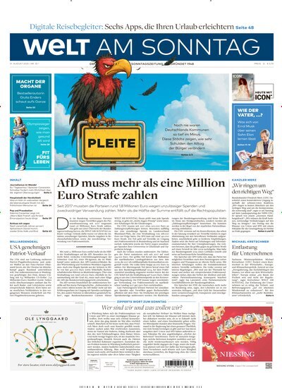 Titelbild der Ausgabe 35/2025 von Welt am Sonntag Gesamtausgabe. Diese Zeitschrift und viele weitere Zeitungsabos als Abo oder epaper bei United Kiosk online kaufen.