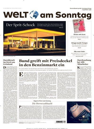 Titelbild der Ausgabe 38/2026 von Welt am Sonntag Gesamtausgabe. Diese Zeitschrift und viele weitere Zeitungsabos als Abo oder epaper bei United Kiosk online kaufen.