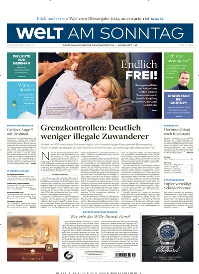 Titelbild der Ausgabe 48/2023 von Welt am Sonntag Gesamtausgabe. Diese Zeitschrift und viele weitere Zeitungsabos als Abo oder epaper bei United Kiosk online kaufen.