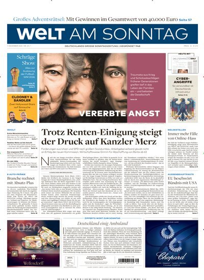Titelbild der Ausgabe 49/2025 von Welt am Sonntag Gesamtausgabe. Diese Zeitschrift und viele weitere Zeitungsabos als Abo oder epaper bei United Kiosk online kaufen.