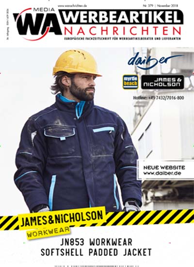 Werbeartikel Nachrichten aktuelles Titelbild Ausgabe 379/2018 Aktuelles Titelbild von Werbeartikel Nachrichten. In der Ausgabe 379/2018 geht es um die Themen: JN853 Workwear - Softshell padded Jacket. Lesen Sie gerne Businessmagazine? Dann empfehlen wir Ihnen Werbeartikel Nachrichten als Abo oder Geschenkabo.