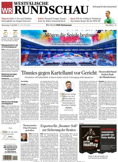 Titelbild der Ausgabe 163/2025 von Westfälische Rundschau Arnsberg. Diese Zeitschrift und viele weitere Zeitungsabos als Abo oder epaper bei United Kiosk online kaufen.