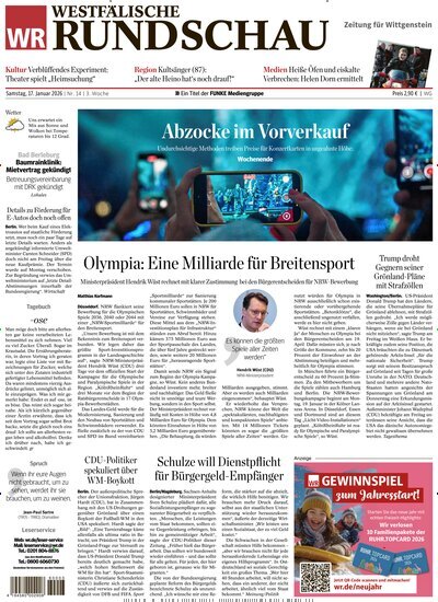 Titelbild der Ausgabe 14/2026 von Westfälische Rundschau Bad Berleburg Wittgenstein. Diese Zeitschrift und viele weitere Zeitungsabos als Abo oder epaper bei United Kiosk online kaufen.