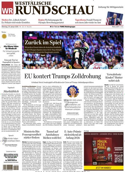 Titelbild der Ausgabe 16/2026 von Westfälische Rundschau Bad Berleburg Wittgenstein. Diese Zeitschrift und viele weitere Zeitungsabos als Abo oder epaper bei United Kiosk online kaufen.