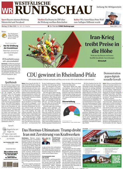 Titelbild der Ausgabe 69/2026 von Westfälische Rundschau Bad Berleburg Wittgenstein. Diese Zeitschrift und viele weitere Zeitungsabos als Abo oder epaper bei United Kiosk online kaufen.