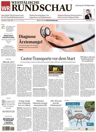 Titelbild der Ausgabe 70/2026 von Westfälische Rundschau Bad Berleburg Wittgenstein. Diese Zeitschrift und viele weitere Zeitungsabos als Abo oder epaper bei United Kiosk online kaufen.