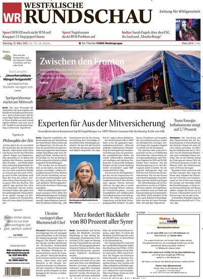 Titelbild der Ausgabe 76/2026 von Westfälische Rundschau Bad Berleburg Wittgenstein. Diese Zeitschrift und viele weitere Zeitungsabos als Abo oder epaper bei United Kiosk online kaufen.