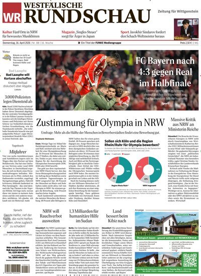 Titelbild der Ausgabe 88/2026 von Westfälische Rundschau Bad Berleburg Wittgenstein. Diese Zeitschrift und viele weitere Zeitungsabos als Abo oder epaper bei United Kiosk online kaufen.