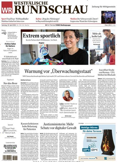 Titelbild der Ausgabe 90/2026 von Westfälische Rundschau Bad Berleburg Wittgenstein. Diese Zeitschrift und viele weitere Zeitungsabos als Abo oder epaper bei United Kiosk online kaufen.