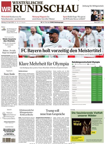 Titelbild der Ausgabe 91/2026 von Westfälische Rundschau Bad Berleburg Wittgenstein. Diese Zeitschrift und viele weitere Zeitungsabos als Abo oder epaper bei United Kiosk online kaufen.