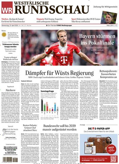 Titelbild der Ausgabe 94/2026 von Westfälische Rundschau Bad Berleburg Wittgenstein. Diese Zeitschrift und viele weitere Zeitungsabos als Abo oder epaper bei United Kiosk online kaufen.