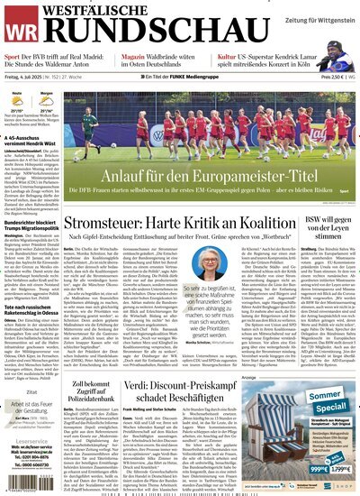 Titelbild der Ausgabe 152/2025 von Westfälische Rundschau Bad Berleburg Wittgenstein. Diese Zeitschrift und viele weitere Zeitungsabos als Abo oder epaper bei United Kiosk online kaufen.