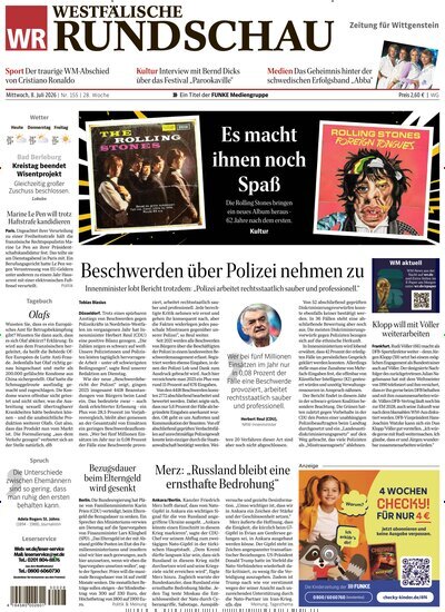 Titelbild der Ausgabe 155/2026 von Westfälische Rundschau Bad Berleburg Wittgenstein. Diese Zeitschrift und viele weitere Zeitungsabos als Abo oder epaper bei United Kiosk online kaufen.