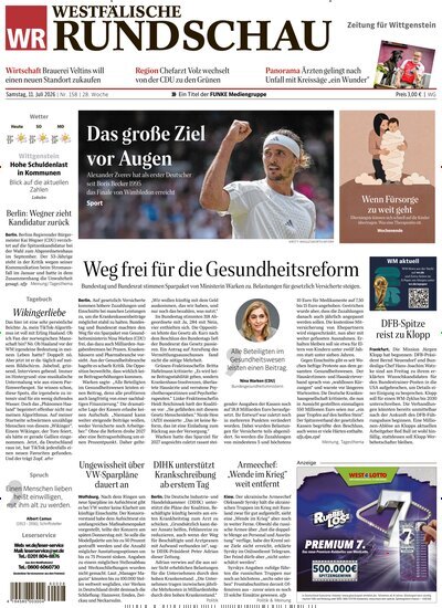 Titelbild der Ausgabe 158/2026 von Westfälische Rundschau Bad Berleburg Wittgenstein. Diese Zeitschrift und viele weitere Zeitungsabos als Abo oder epaper bei United Kiosk online kaufen.