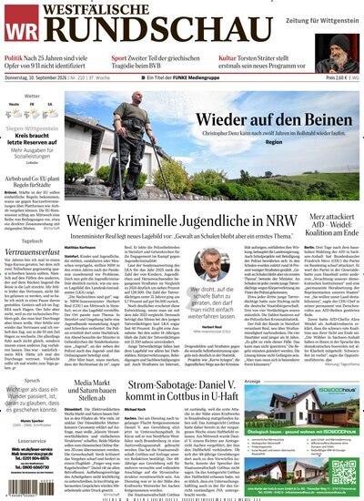 Titelbild der Ausgabe 210/2026 von Westfälische Rundschau Bad Berleburg Wittgenstein. Diese Zeitschrift und viele weitere Zeitungsabos als Abo oder epaper bei United Kiosk online kaufen.