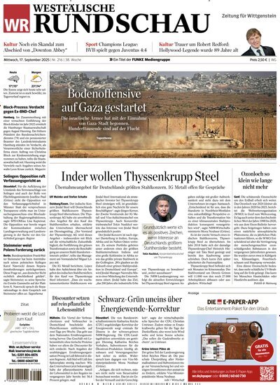 Titelbild der Ausgabe 216/2025 von Westfälische Rundschau Bad Berleburg Wittgenstein. Diese Zeitschrift und viele weitere Zeitungsabos als Abo oder epaper bei United Kiosk online kaufen.