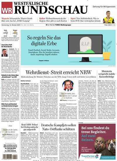 Titelbild der Ausgabe 240/2025 von Westfälische Rundschau Bad Berleburg Wittgenstein. Diese Zeitschrift und viele weitere Zeitungsabos als Abo oder epaper bei United Kiosk online kaufen.