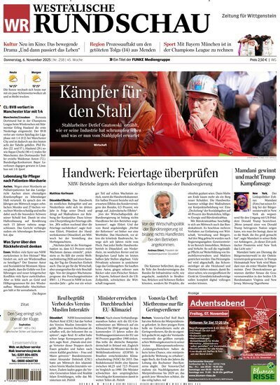 Titelbild der Ausgabe 257/2025 von Westfälische Rundschau Bad Berleburg Wittgenstein. Diese Zeitschrift und viele weitere Zeitungsabos als Abo oder epaper bei United Kiosk online kaufen.
