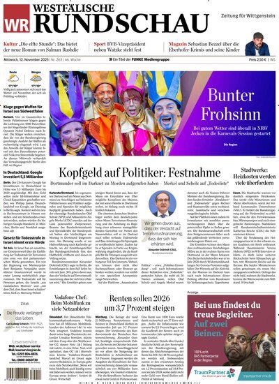 Titelbild der Ausgabe 262/2025 von Westfälische Rundschau Bad Berleburg Wittgenstein. Diese Zeitschrift und viele weitere Zeitungsabos als Abo oder epaper bei United Kiosk online kaufen.