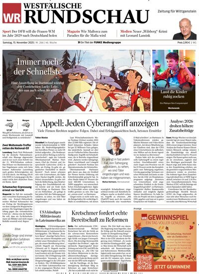 Titelbild der Ausgabe 265/2025 von Westfälische Rundschau Bad Berleburg Wittgenstein. Diese Zeitschrift und viele weitere Zeitungsabos als Abo oder epaper bei United Kiosk online kaufen.