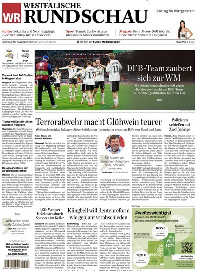 Titelbild der Ausgabe 267/2025 von Westfälische Rundschau Bad Berleburg Wittgenstein. Diese Zeitschrift und viele weitere Zeitungsabos als Abo oder epaper bei United Kiosk online kaufen.