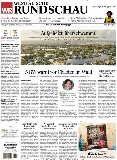 Titelbild der Ausgabe 270/2025 von Westfälische Rundschau Bad Berleburg Wittgenstein. Diese Zeitschrift und viele weitere Zeitungsabos als Abo oder epaper bei United Kiosk online kaufen.