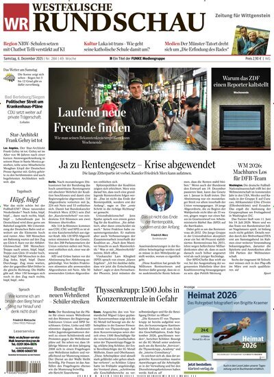 Titelbild der Ausgabe 284/2025 von Westfälische Rundschau Bad Berleburg Wittgenstein. Diese Zeitschrift und viele weitere Zeitungsabos als Abo oder epaper bei United Kiosk online kaufen.
