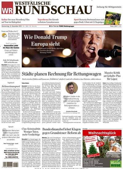 Titelbild der Ausgabe 288/2025 von Westfälische Rundschau Bad Berleburg Wittgenstein. Diese Zeitschrift und viele weitere Zeitungsabos als Abo oder epaper bei United Kiosk online kaufen.