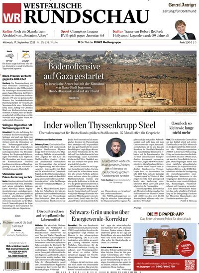 Titelbild der Ausgabe 216/2025 von Westfälische Rundschau Dortmund. Diese Zeitschrift und viele weitere Zeitungsabos als Abo oder epaper bei United Kiosk online kaufen.