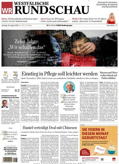 Titelbild der Ausgabe 201/2025 von Westfälische Rundschau Ennepetal. Diese Zeitschrift und viele weitere Zeitungsabos als Abo oder epaper bei United Kiosk online kaufen.
