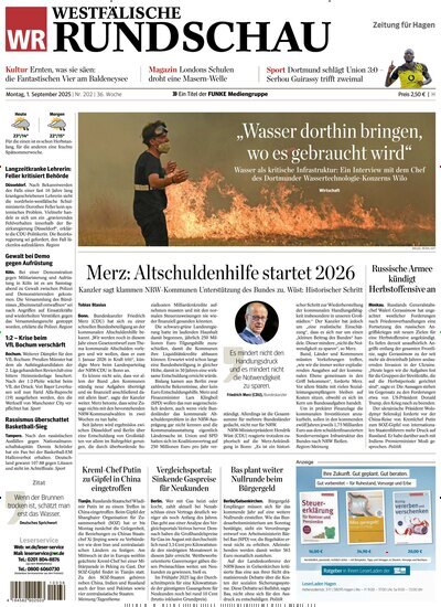 Titelbild der Ausgabe 202/2025 von Westfälische Rundschau Hagen Süd. Diese Zeitschrift und viele weitere Zeitungsabos als Abo oder epaper bei United Kiosk online kaufen.