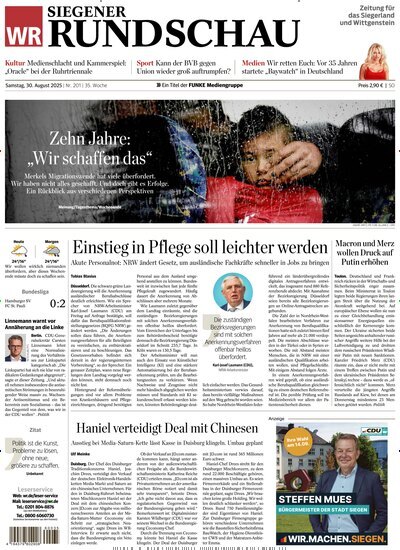 Titelbild der Ausgabe 201/2025 von Westfälische Rundschau Siegen. Diese Zeitschrift und viele weitere Zeitungsabos als Abo oder epaper bei United Kiosk online kaufen.