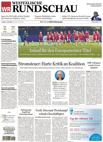 Titelbild der Ausgabe 152/2025 von Westfälische Rundschau Wetter. Diese Zeitschrift und viele weitere Zeitungsabos als Abo oder epaper bei United Kiosk online kaufen.