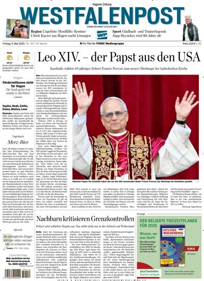Titelbild der Ausgabe 107/2025 von Westfalenpost. Diese Zeitschrift und viele weitere Zeitungsabos als Abo oder epaper bei United Kiosk online kaufen.