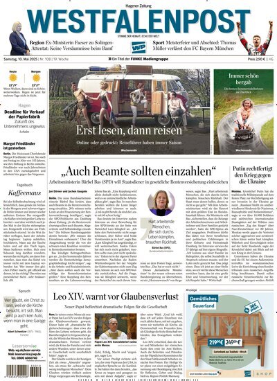 Titelbild der Ausgabe 108/2025 von Westfalenpost. Diese Zeitschrift und viele weitere Zeitungsabos als Abo oder epaper bei United Kiosk online kaufen.