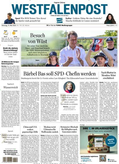 Titelbild der Ausgabe 110/2025 von Westfalenpost. Diese Zeitschrift und viele weitere Zeitungsabos als Abo oder epaper bei United Kiosk online kaufen.