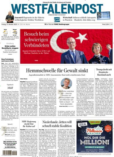 Titelbild der Ausgabe 253/2025 von Westfalenpost Arnsberg. Diese Zeitschrift und viele weitere Zeitungsabos als Abo oder epaper bei United Kiosk online kaufen.