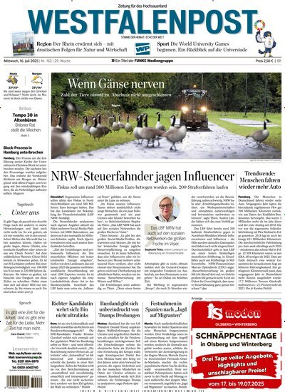 Titelbild der Ausgabe 162/2025 von Westfalenpost Brilon. Diese Zeitschrift und viele weitere Zeitungsabos als Abo oder epaper bei United Kiosk online kaufen.