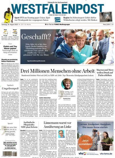 Titelbild der Ausgabe 201/2025 von Westfalenpost Brilon. Diese Zeitschrift und viele weitere Zeitungsabos als Abo oder epaper bei United Kiosk online kaufen.
