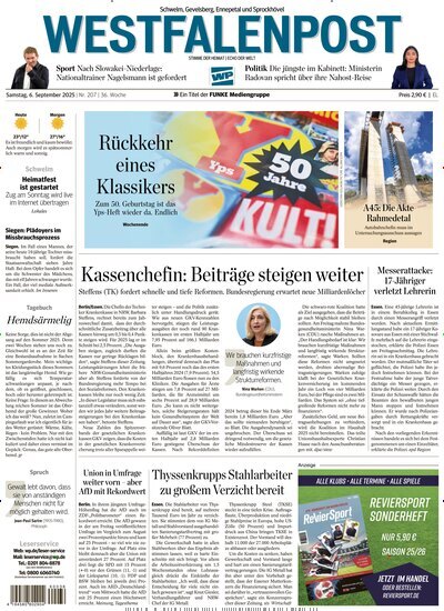 Titelbild der Ausgabe 207/2025 von Westfalenpost Ennepetal. Diese Zeitschrift und viele weitere Zeitungsabos als Abo oder epaper bei United Kiosk online kaufen.