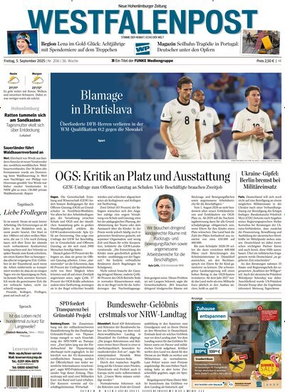 Titelbild der Ausgabe 206/2025 von Westfalenpost Hagen Hohenlimburg. Diese Zeitschrift und viele weitere Zeitungsabos als Abo oder epaper bei United Kiosk online kaufen.