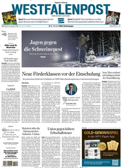 Titelbild der Ausgabe 11/2026 von Westfalenpost Hagen Süd. Diese Zeitschrift und viele weitere Zeitungsabos als Abo oder epaper bei United Kiosk online kaufen.