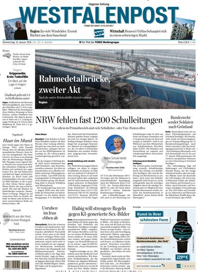Titelbild der Ausgabe 12/2026 von Westfalenpost Hagen Süd. Diese Zeitschrift und viele weitere Zeitungsabos als Abo oder epaper bei United Kiosk online kaufen.