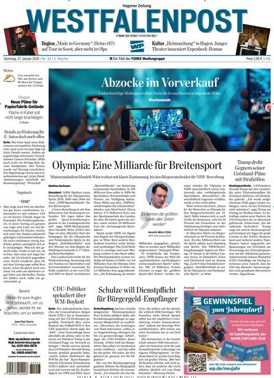 Titelbild der Ausgabe 14/2026 von Westfalenpost Hagen Süd. Diese Zeitschrift und viele weitere Zeitungsabos als Abo oder epaper bei United Kiosk online kaufen.