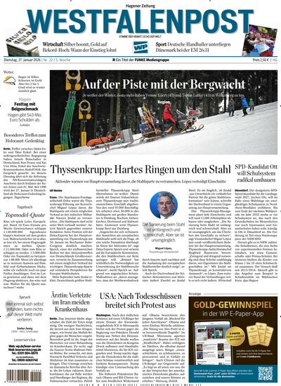 Titelbild der Ausgabe 22/2026 von Westfalenpost Hagen Süd. Diese Zeitschrift und viele weitere Zeitungsabos als Abo oder epaper bei United Kiosk online kaufen.