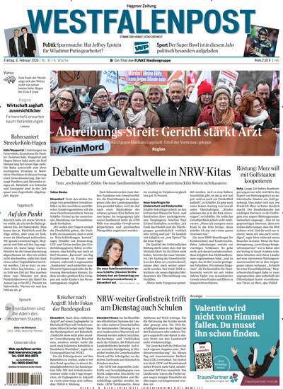 Titelbild der Ausgabe 31/2026 von Westfalenpost Hagen Süd. Diese Zeitschrift und viele weitere Zeitungsabos als Abo oder epaper bei United Kiosk online kaufen.