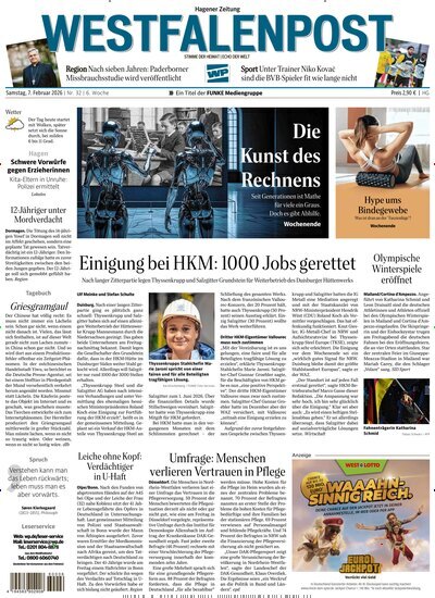 Titelbild der Ausgabe 32/2026 von Westfalenpost Hagen Süd. Diese Zeitschrift und viele weitere Zeitungsabos als Abo oder epaper bei United Kiosk online kaufen.