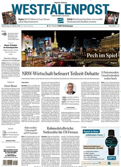 Titelbild der Ausgabe 42/2026 von Westfalenpost Hagen Süd. Diese Zeitschrift und viele weitere Zeitungsabos als Abo oder epaper bei United Kiosk online kaufen.