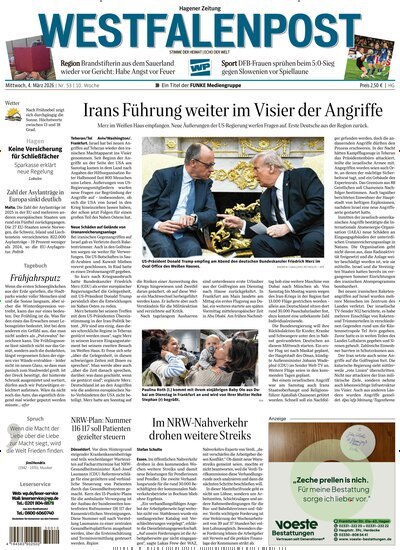 Titelbild der Ausgabe 53/2026 von Westfalenpost Hagen Süd. Diese Zeitschrift und viele weitere Zeitungsabos als Abo oder epaper bei United Kiosk online kaufen.