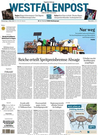 Titelbild der Ausgabe 54/2026 von Westfalenpost Hagen Süd. Diese Zeitschrift und viele weitere Zeitungsabos als Abo oder epaper bei United Kiosk online kaufen.